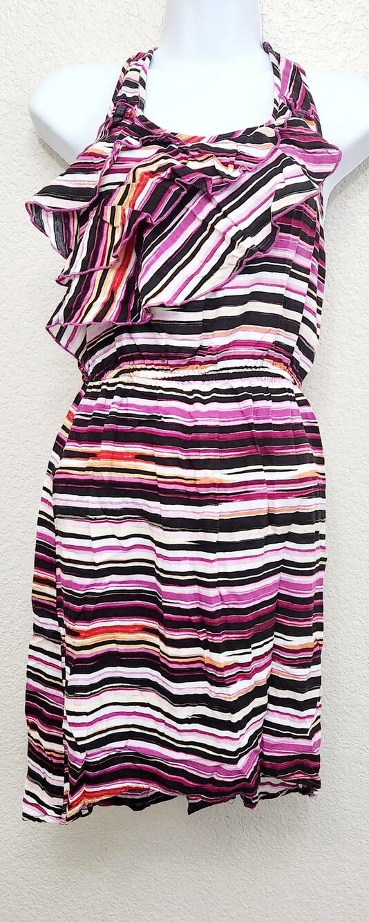Self Esteem Purple Black White Striped Hi Low Ruffled Bodice Mini Dress Medium